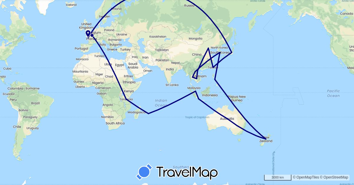TravelMap itinerary: driving in Australia, China, France, Indonesia, Japan, Cambodia, South Korea, Laos, Mauritius, New Zealand, Philippines, Singapore, Thailand, Taiwan, Tanzania, Vietnam (Africa, Asia, Europe, Oceania)